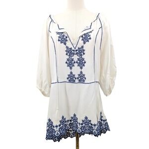 Sugarlips Ivory Blue Embroidered Boho Tunic Tassel Tie‎ 3/4 Sleeve XL